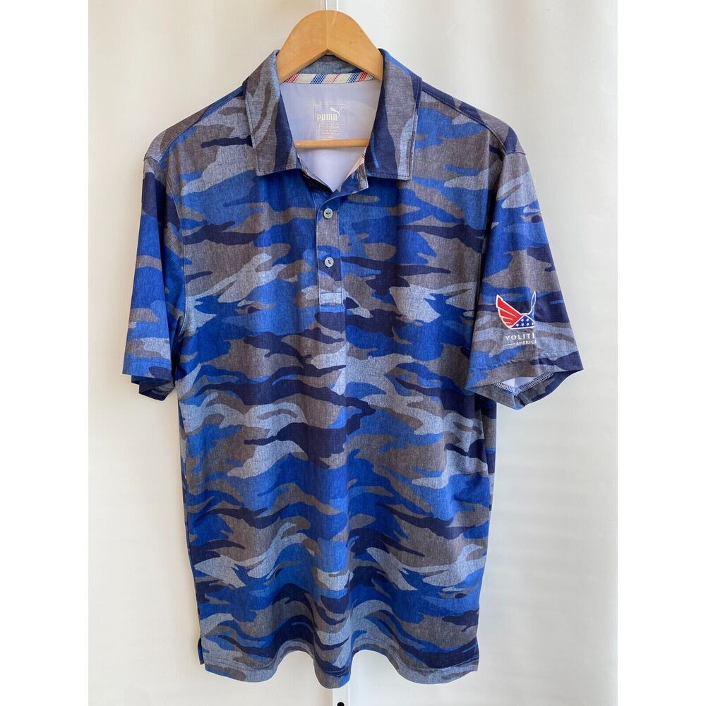 Puma Polo Shirt Mens M Medium Blue Camo Volition America Golf Performance Casual